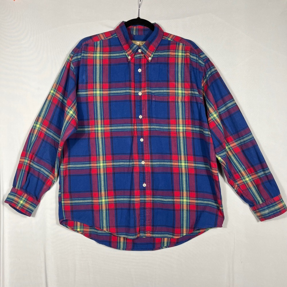 Vtg Y2K Plaid Flannel Button Up Shirt Men's L/XL 100% Cotton Blue Red Yellow EUC